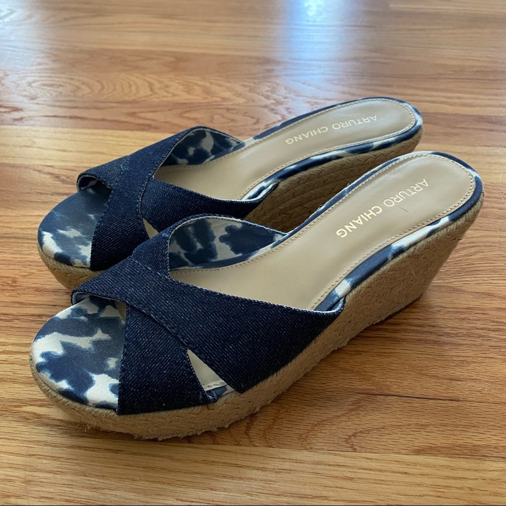 Arturo Chiang Blue Denim Espadrille Wedge Slides - Picture 2 of 7
